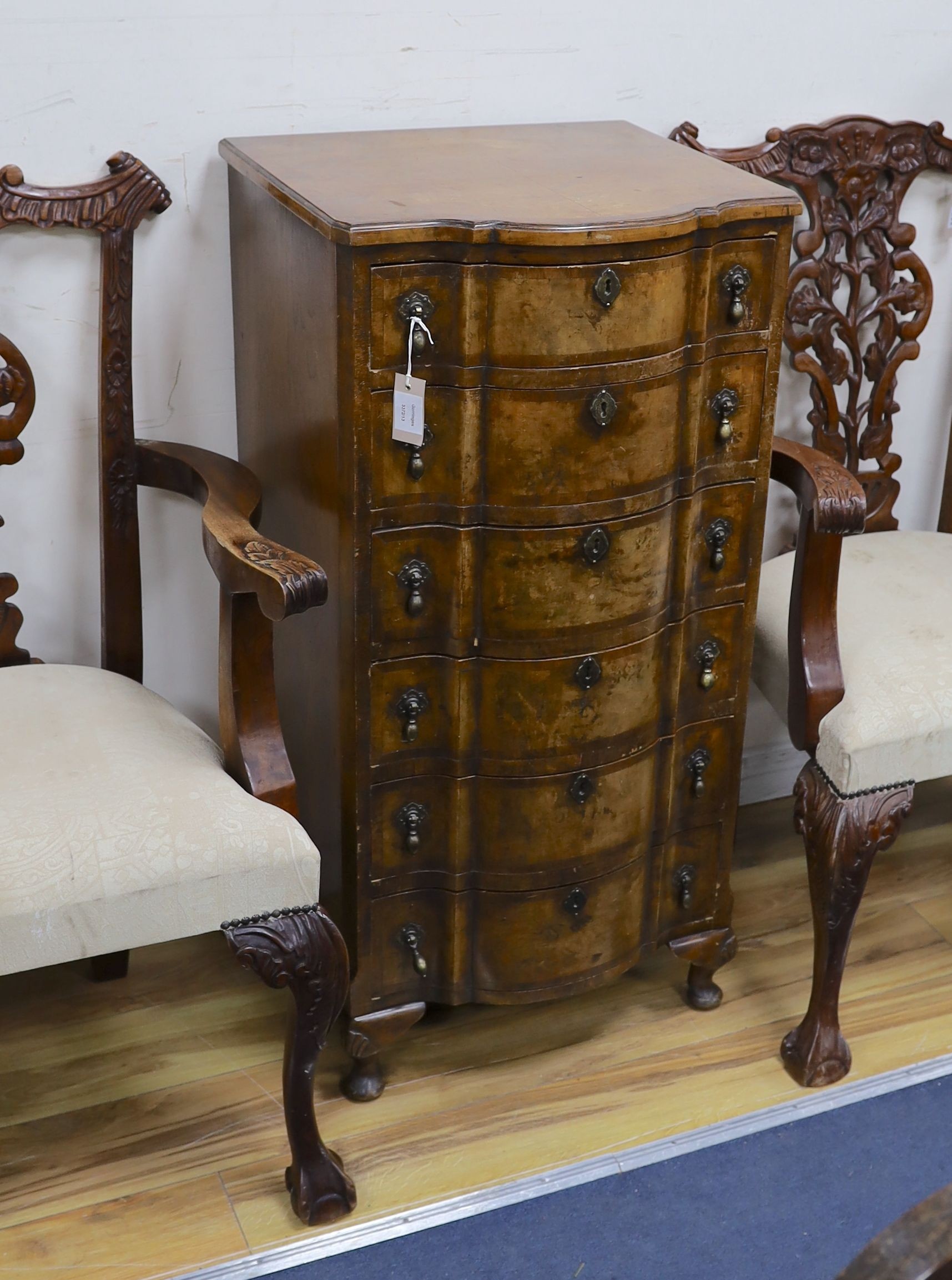 An early 20th century Queen Anne revival banded walnut six drawer tall chest, width 51cm, depth 48cm, height 106cm